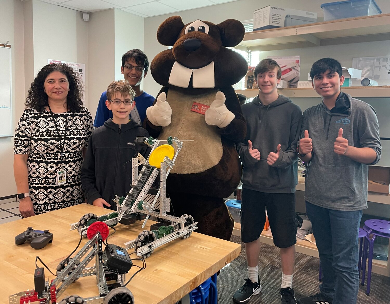 Bucky the Beaver visits a Nease High School robotics class that received funding through the 2022 Beaver Toyota, INK! match campaign on DonorsChoose.